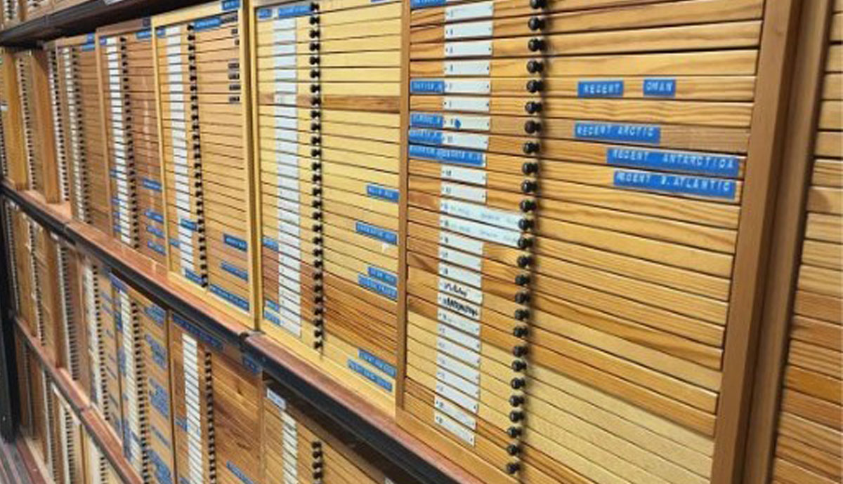 Photograph of a cabinet with hundreds of slides
