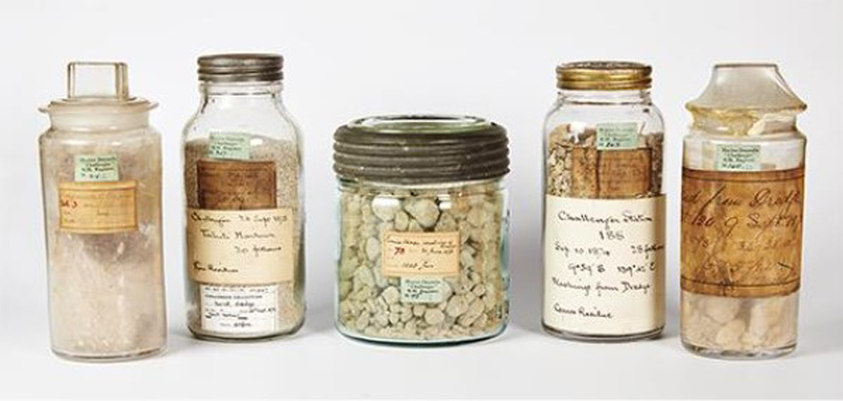 Five containers with old labels filled with sediment