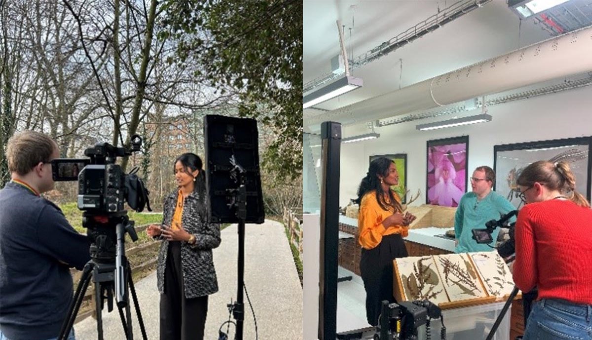 Two photos side by side showing Shathuki presenting to a film camera. 