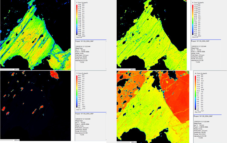 Element maps for F, K, Ti, Al in Lithium mica