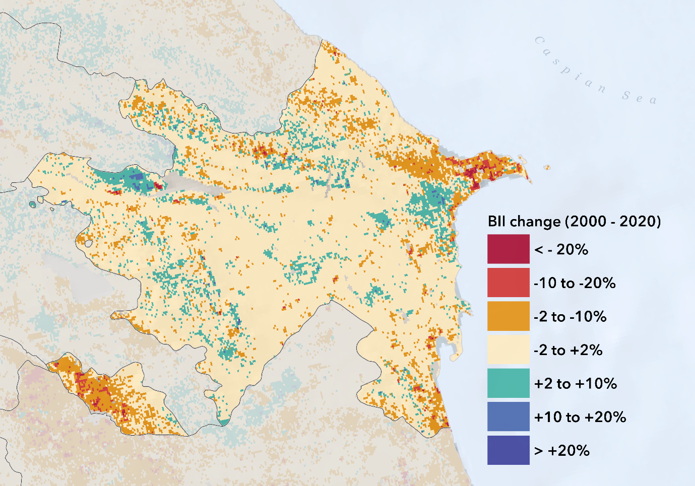 Change in biodiversity intactness in Azerbaijan between 2000 and 2020.