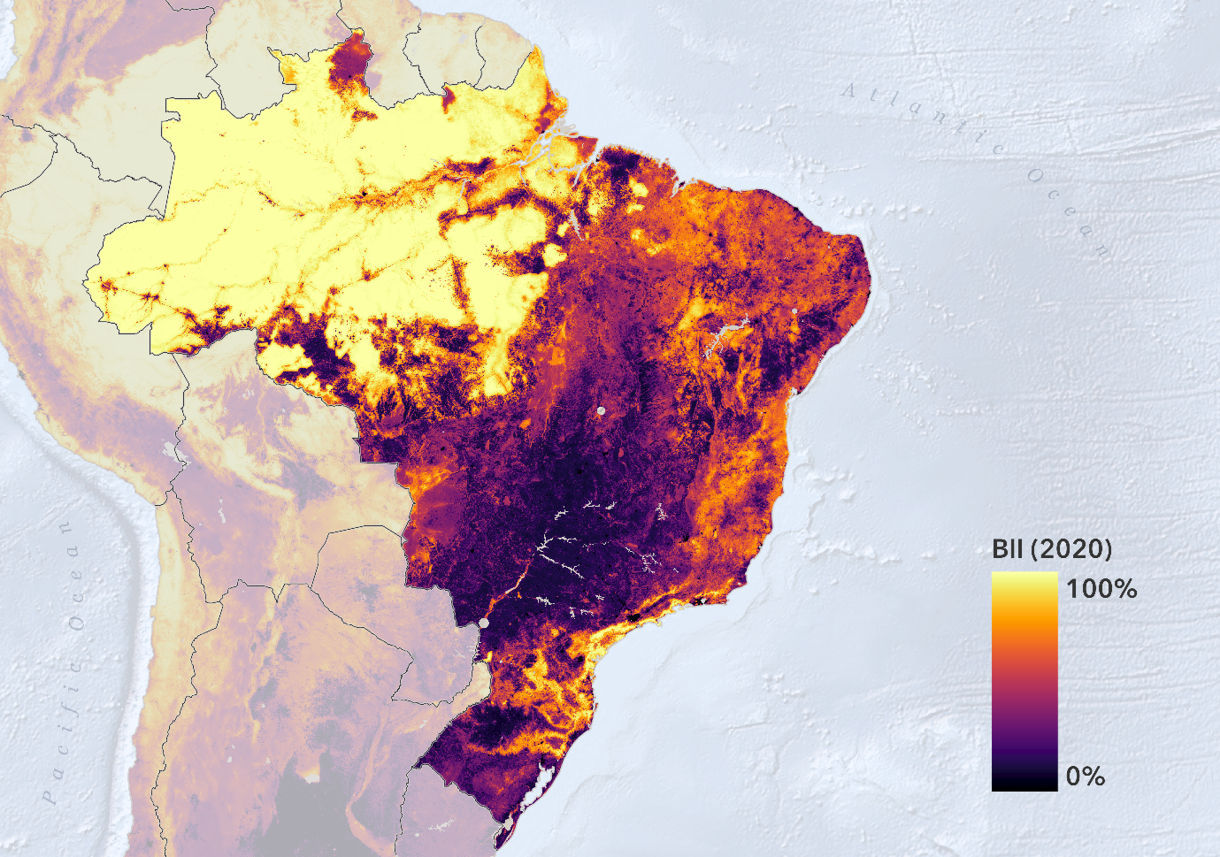 Heat map of Brazil showing biodiversity intactness