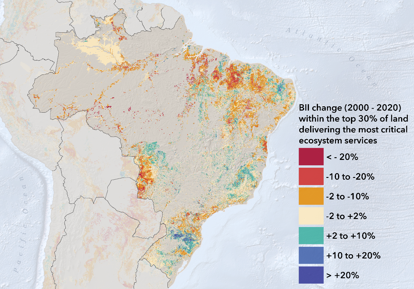 Map of Brazil showing the change in biodiversity intactness