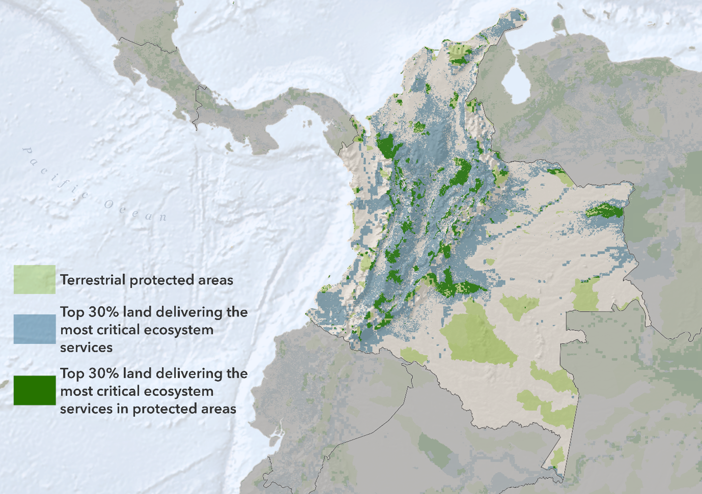 Heat map of Colombia showing biodiversity intactness