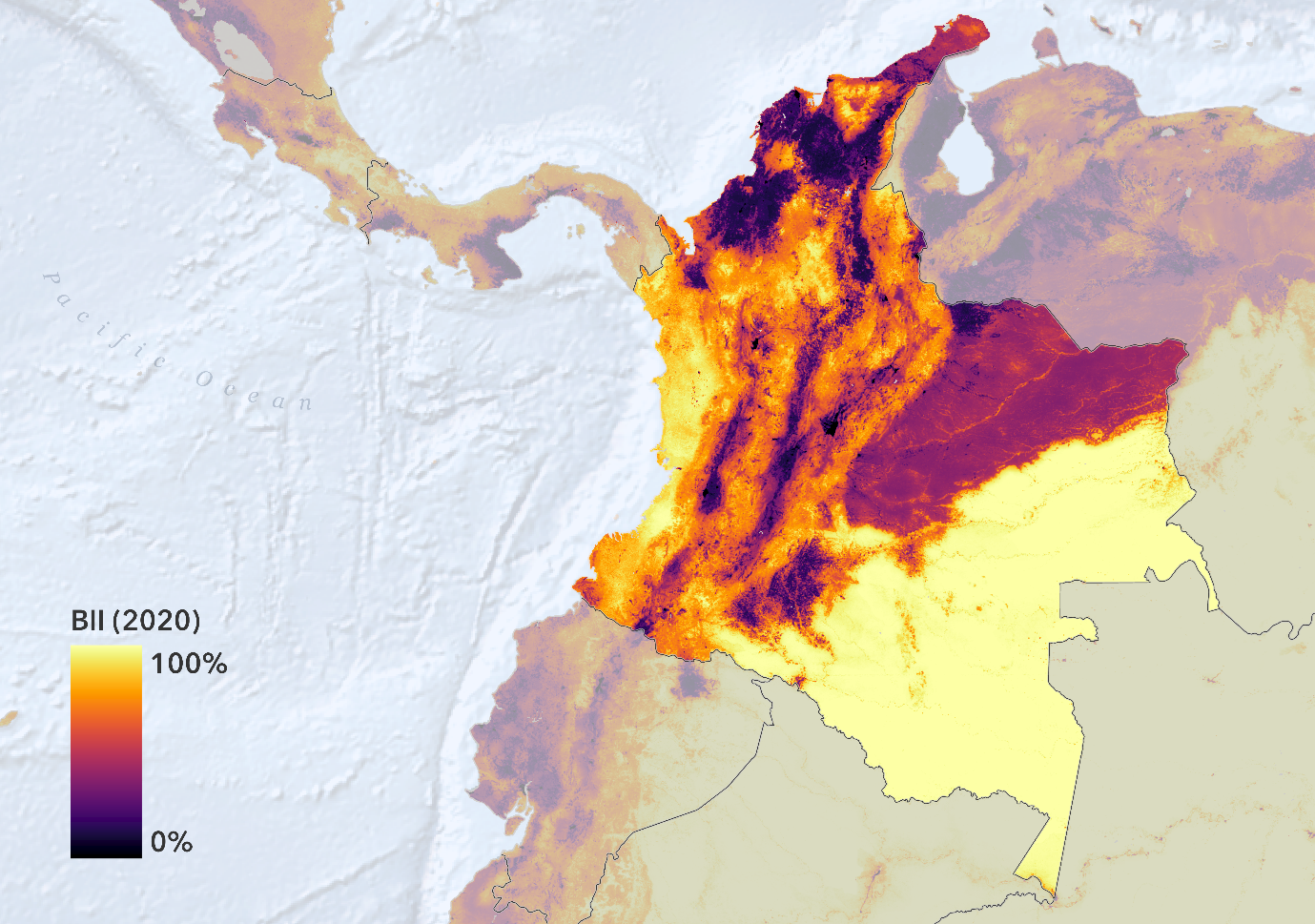 Heat map of Colombia showing biodiversity intactness
