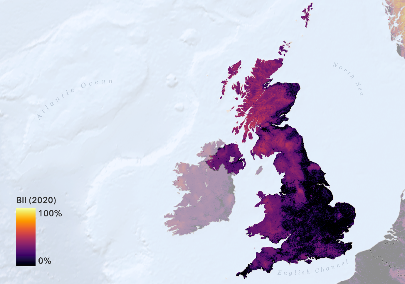Heat map of UK showing biodiversity intactness
