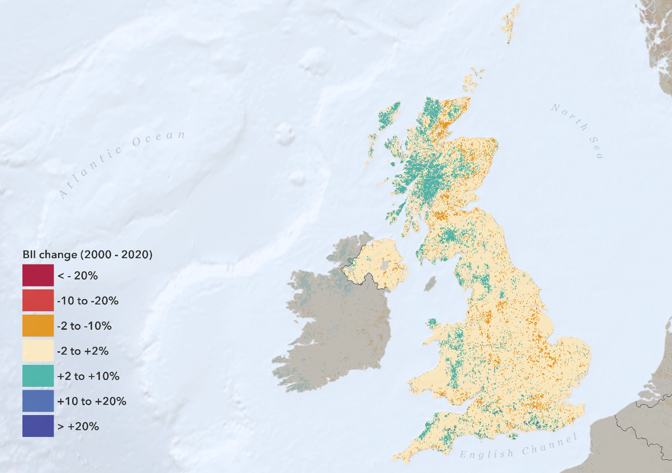 Map of the UK showing the change in biodiversity intactness