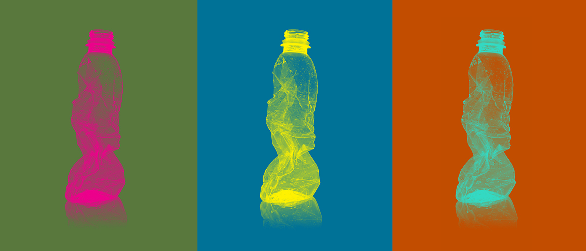 An illustrations of three squished plastic water bottles