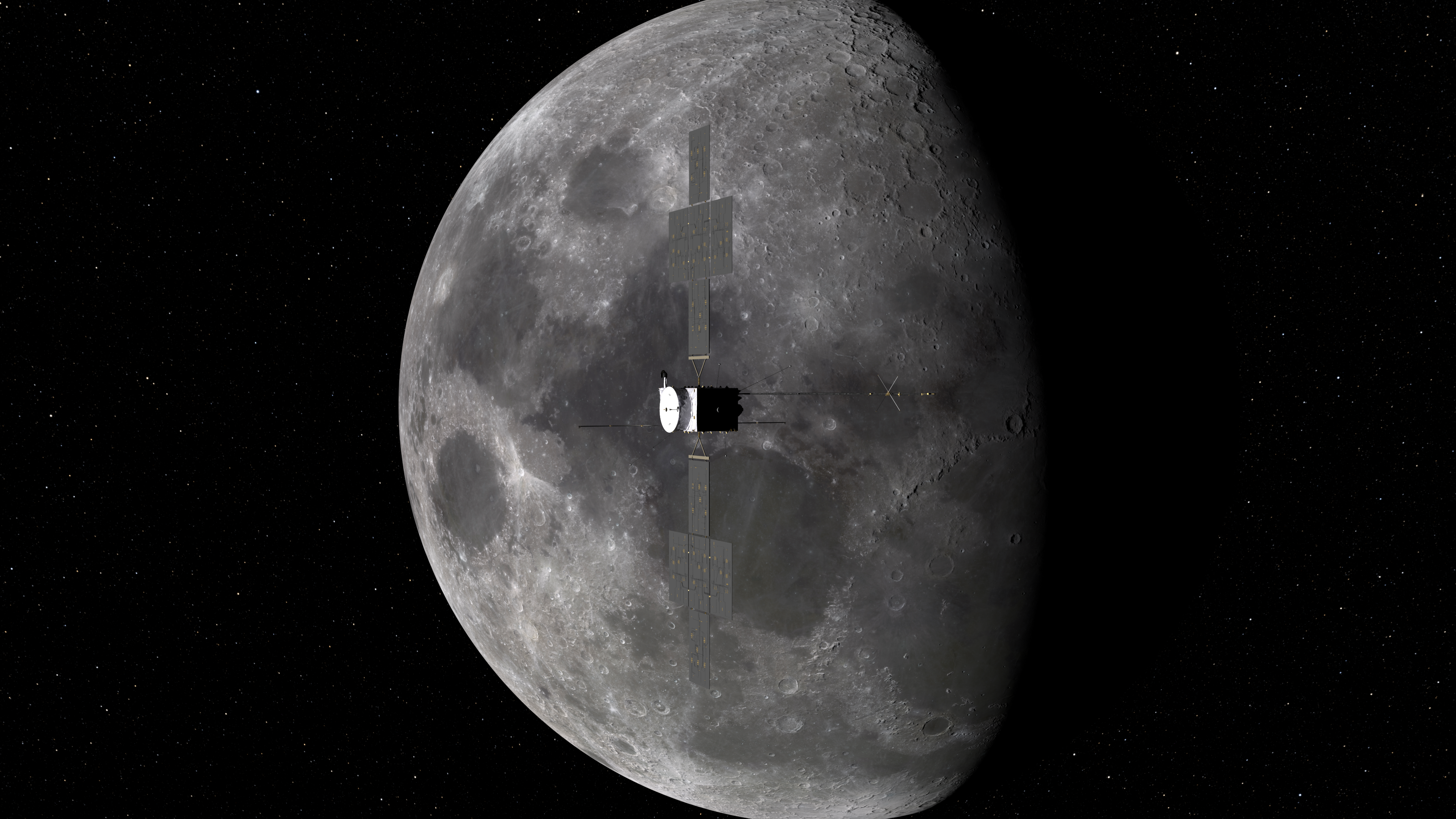 Juice spacecraft in front of the Moon. The right side of the Moon is in shadow, with the sunlight coming from the left side of the image
