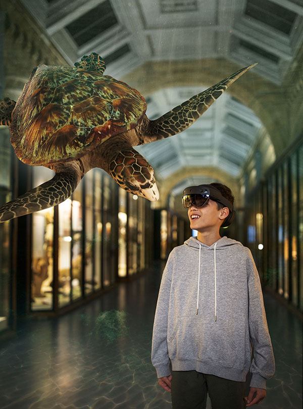 A generated image showing a fchild in the museum wearing a headset. Above them we can see a sea turtle swiming towards them through the gallery.