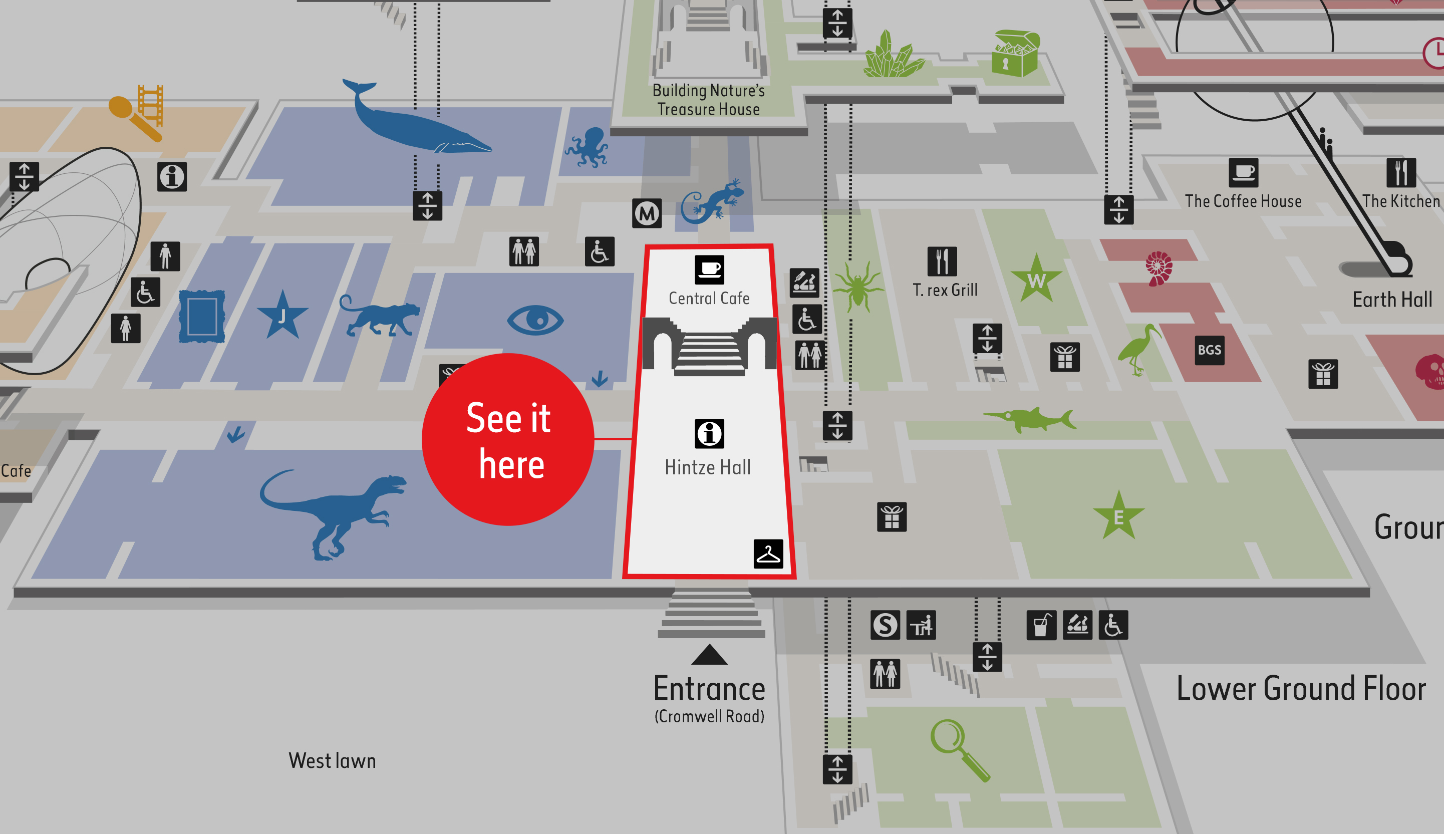 Museum map highlighting Hintze Hall's location.