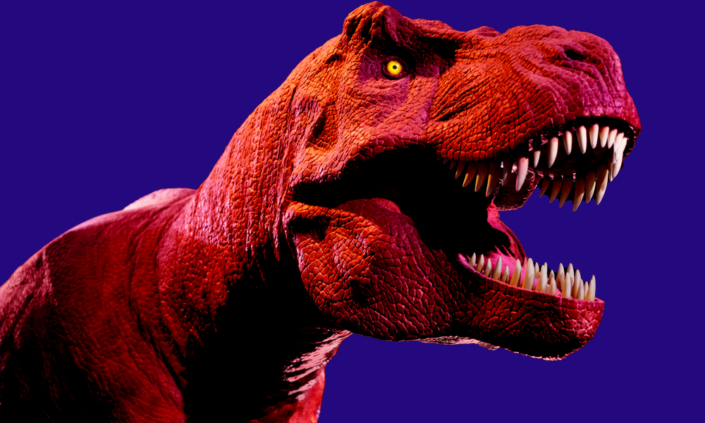 A picture of a T-rex against a purple background