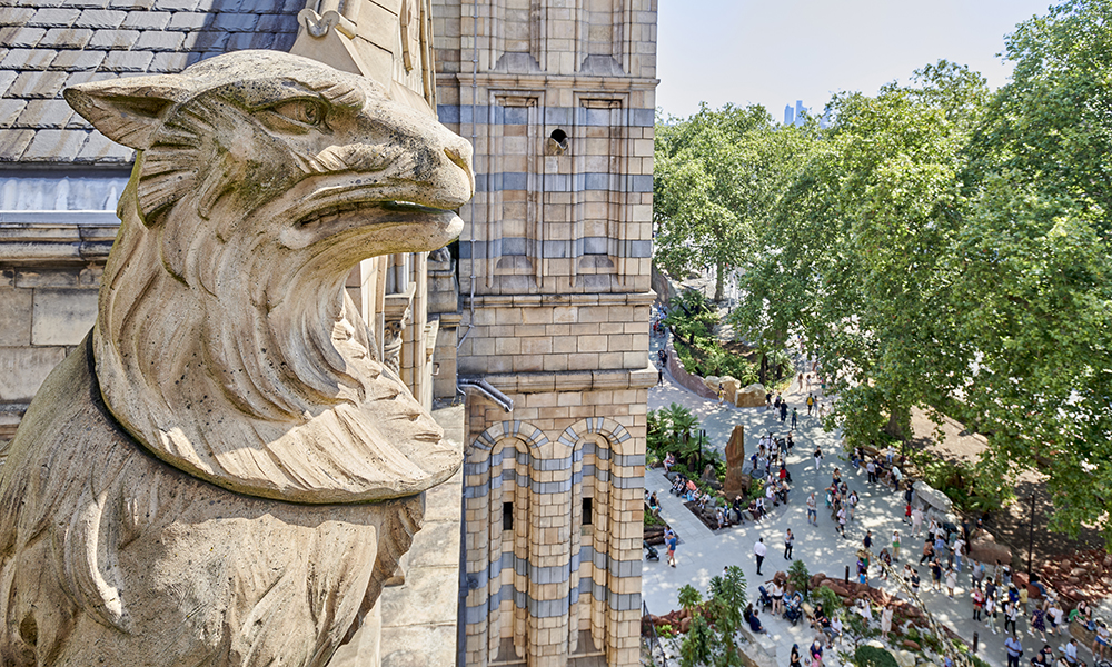 a close up photo of one of the building's gargoyles on the roof, visitors can be seen in the garden below