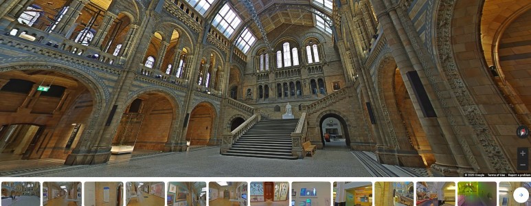 A screenshot of a 360 video of Hintze Hall showing thumbnail images of other galleries along the bottom.