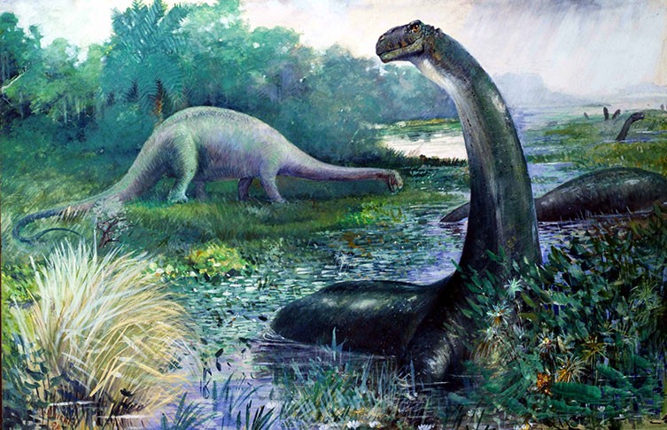 An out of date reconstruction of Brontosaurus living in water