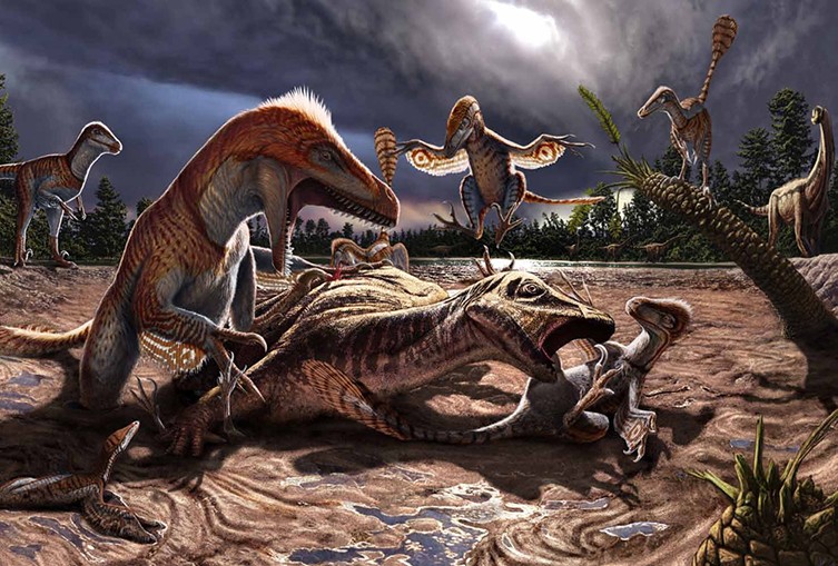Palaeoart reconstruction of Utahraptor attacking Hippodraco