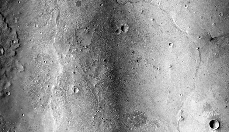 A black and white image of the landscape of Oxia Planum based on orbital studies