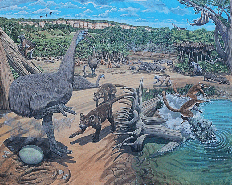 A reconstruction showing much of the now extinct megafauna - a giant fossa attacks an elephant bird in the foreground, while a crocodile catches a giant lemur at the shore of a lake. 