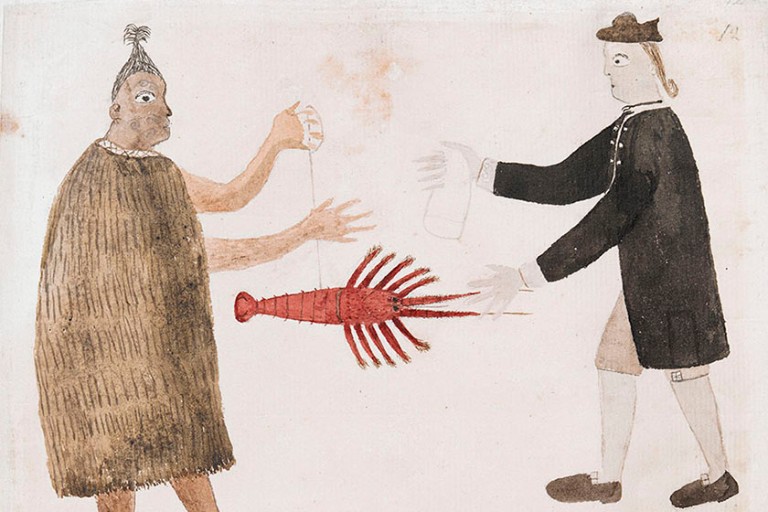 Drawing of Maori and Joseph Banks trading a crayfish for a piece of cloth