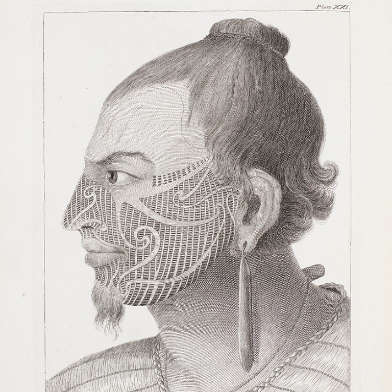 Drawing of a heavilty tattoed Maori warrior in profile