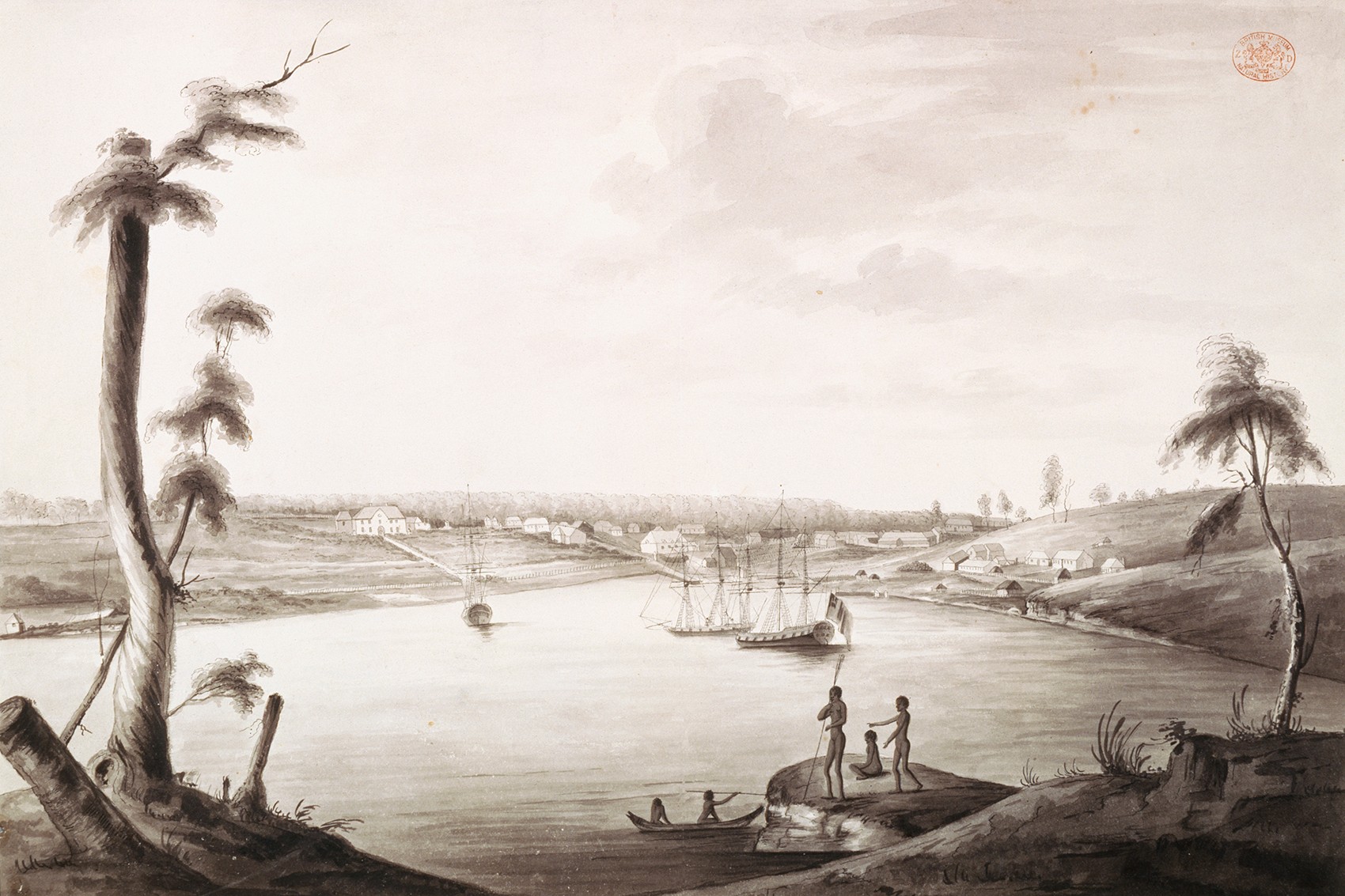 an early picture of Sydney Cove with a group of Aboriginal inhabitants in the foreground 
