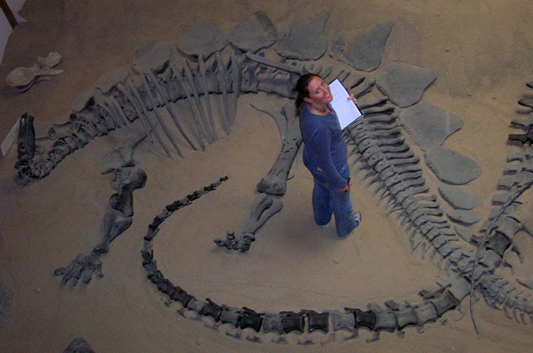 Susie Maidment next to a stegosaur specimen laid out on the floor
