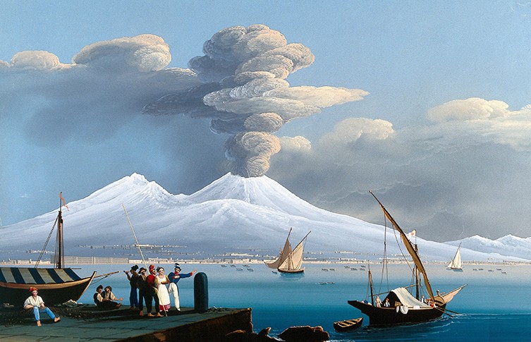 A painting of an erupting stratovolcano