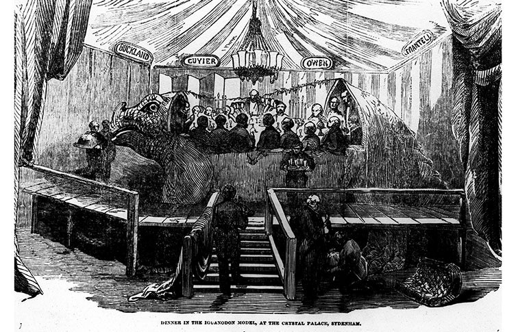 A drawing of a banquet being held inside a Crystal Palace Iguanodon model
