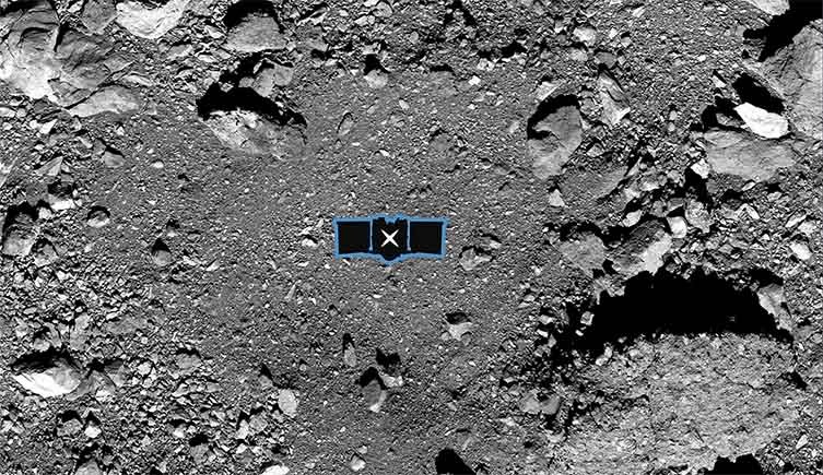 A picture looking down on the surface of Bennu, showing a flat dusty target area surrounded by a ring of bigger rocks and rubble.
