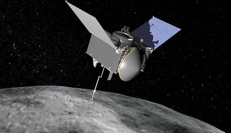 An artists impression of OSIRIS-REx, with its two solar panels held in a 'v' shape, and collector heading pointing directly down at the asteroid Bennu.