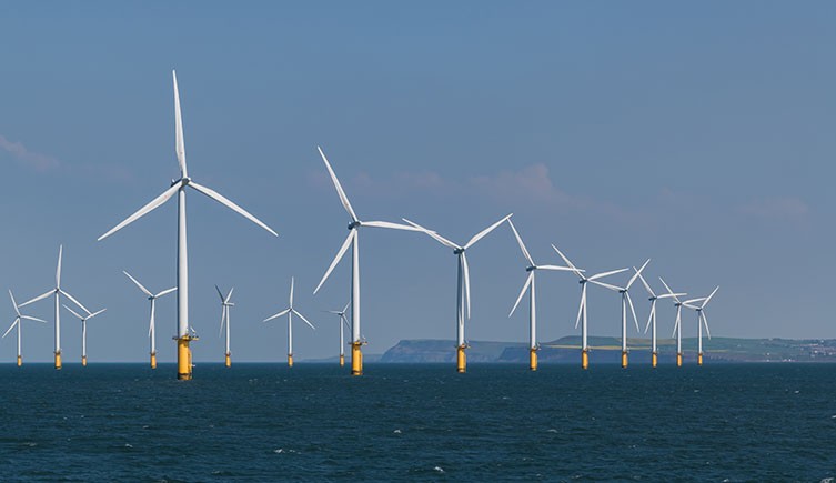 Rows of wind turbines sticking up out of the sea, with coastline visible in the distance