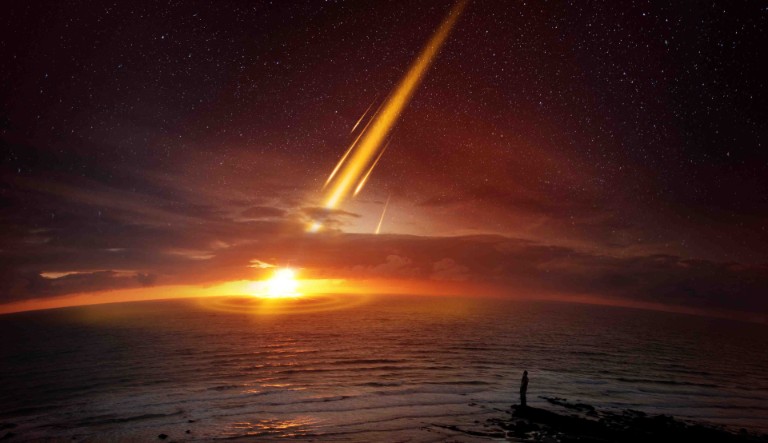A impressão de um artista de um asteroide colidindo com a Terra