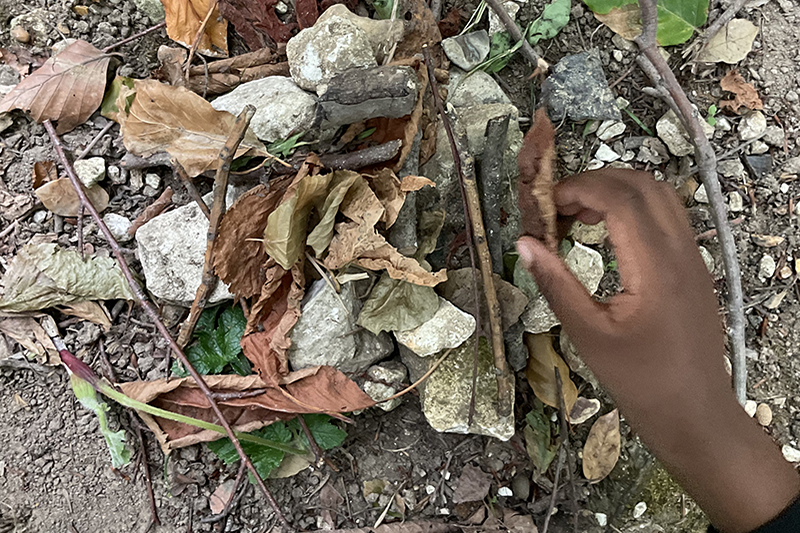A child's hand arranging bark on a pile of rocks