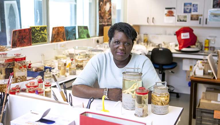 Woman sitting in front of specimens in jars